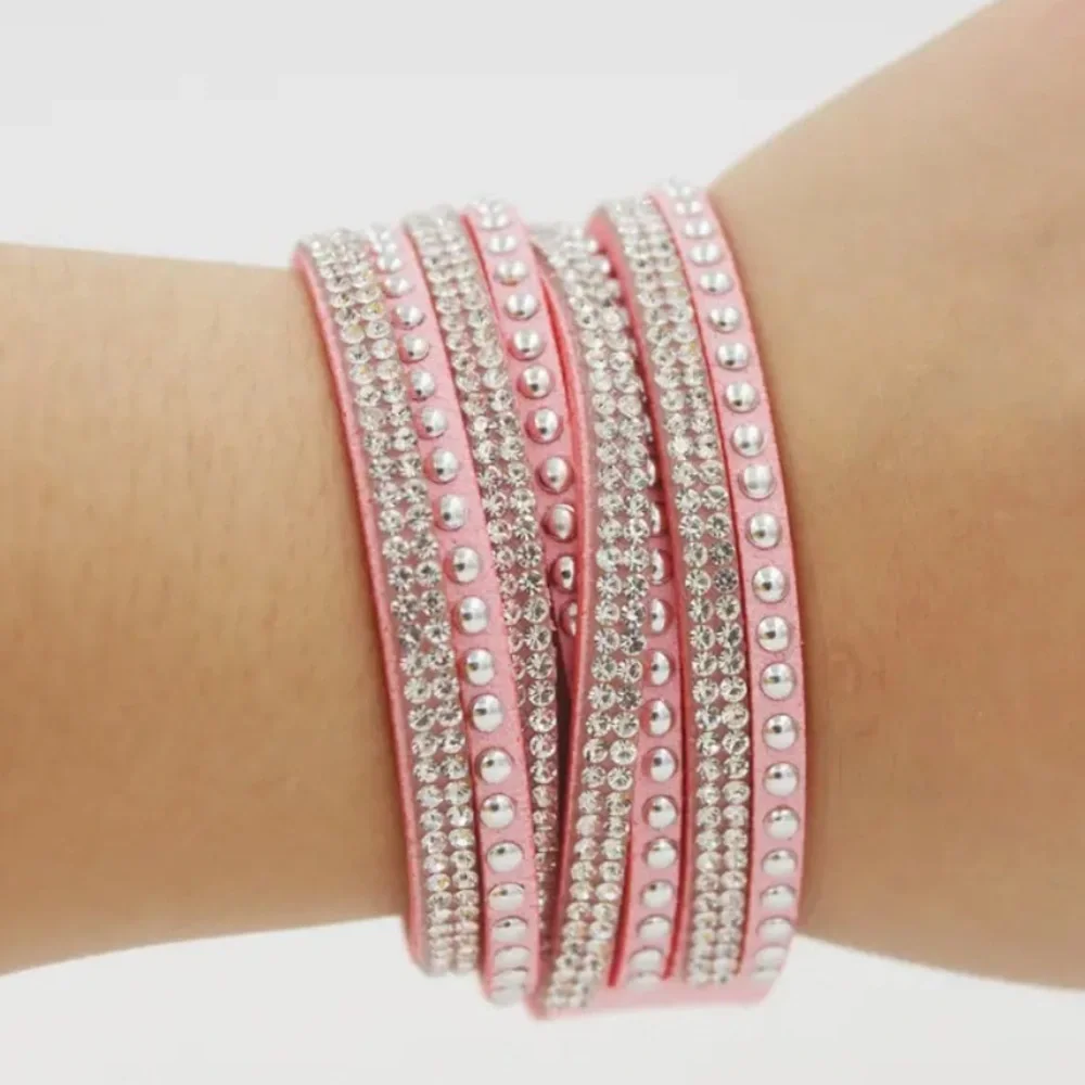 1 Pc Multilayer Woven PU Leather Rhinestone Studded Bracelet in GREY - Picture 2 of 3